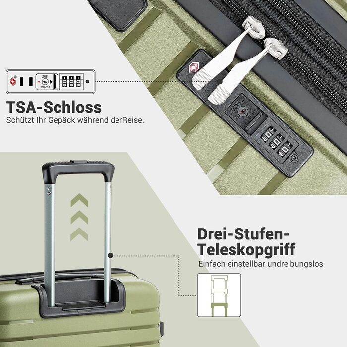 Чемодан KONO середнього розміру з жорсткою обшивкою, PP, з 4 колесами, розширюваний, легкий, з тримачем для напоїв та TSA замком (Зелений, L)