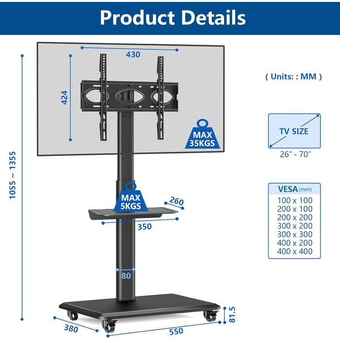 Підставка для телевізора на коліщатках RFIVER, чорна, для телевізорів 26-70 дюймів, VESA 400x400, до 35 кг