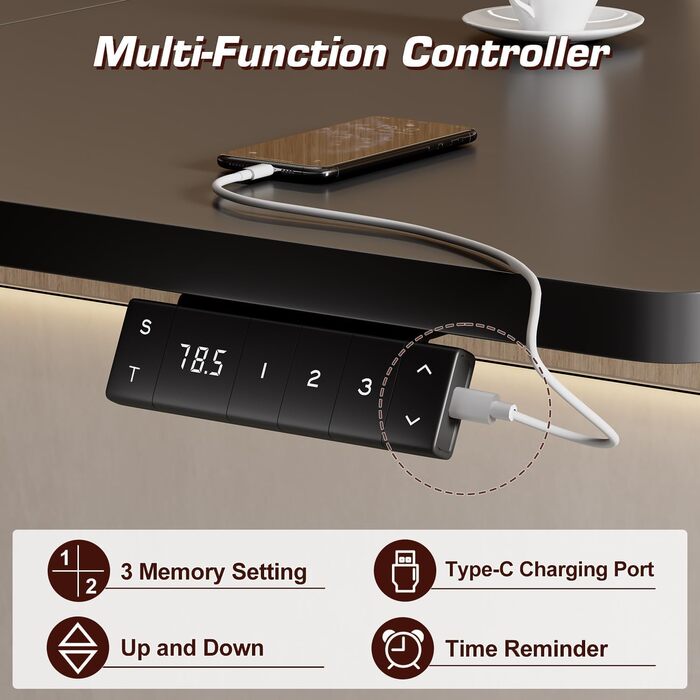 Електричний регульований стіл Airfish з USB-C зарядкою, кабелеуправлінням та 3 рівнями пам'яті (білий, чорний) 200 x 80 см