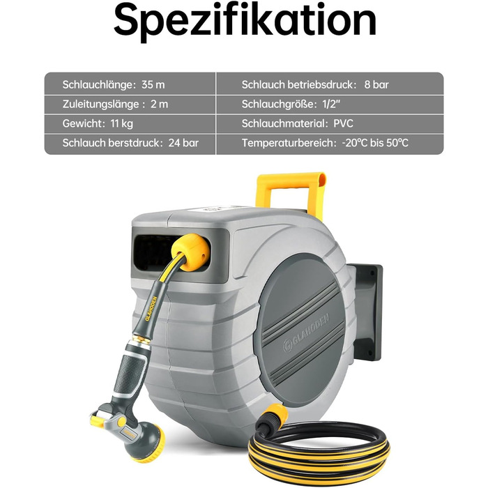 Шланговий барабан GLAHODEN з садовим шлангом 40 м + 2 м, стійкий до сонця та морозу, поворотний на 180°, настінна шланговий бокс з 9-функціональною розпилювальною насадкою