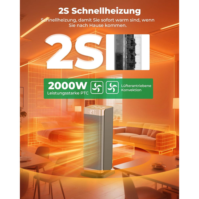 Електричний обігрівач 2000W з енергозбереженням, тихий, 3 режими, PTC кераміка, швидкий нагрів, ECO-режим, пульт ДУ, таймер 12H, поворот 70°, для офісу, спальні, ванної кімнати, золотий