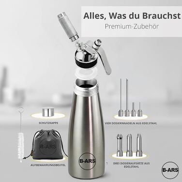 Дозатор для збитої вершкової пінки B-ARS з нержавіючої сталі 1л з аксесуарами: насадки для декорування, голка для інжекцій, щітка для чищення, сумка для зберігання та електронна книга з рецептами