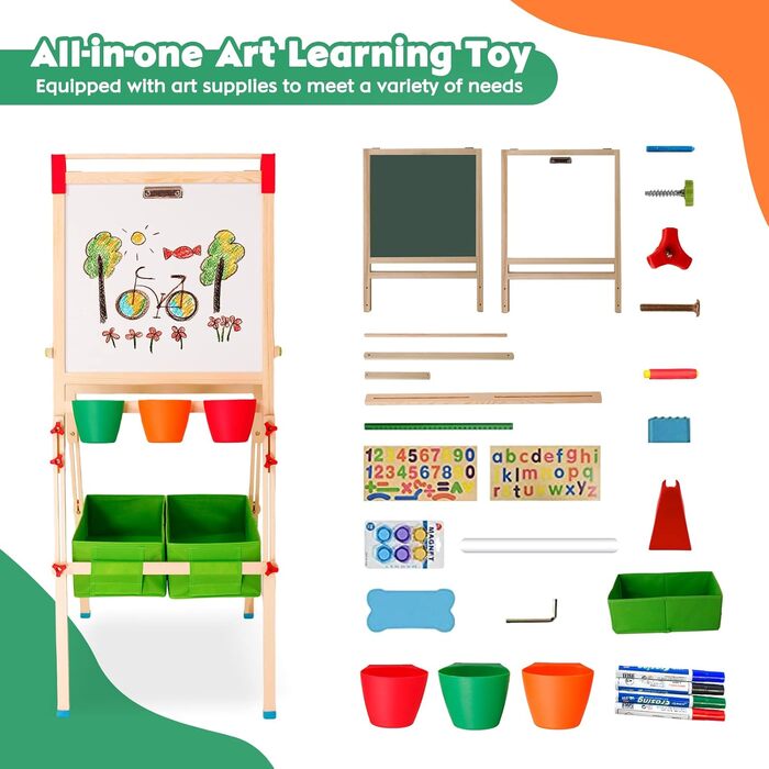 Дерев'яний мольберт Kinder для дітей з паперовою рулонкою, двостороннє Whiteboard та дошка. Регульована висота. З аксесуарами для малювання та навчання. Ідеальний подарунок для малюків.