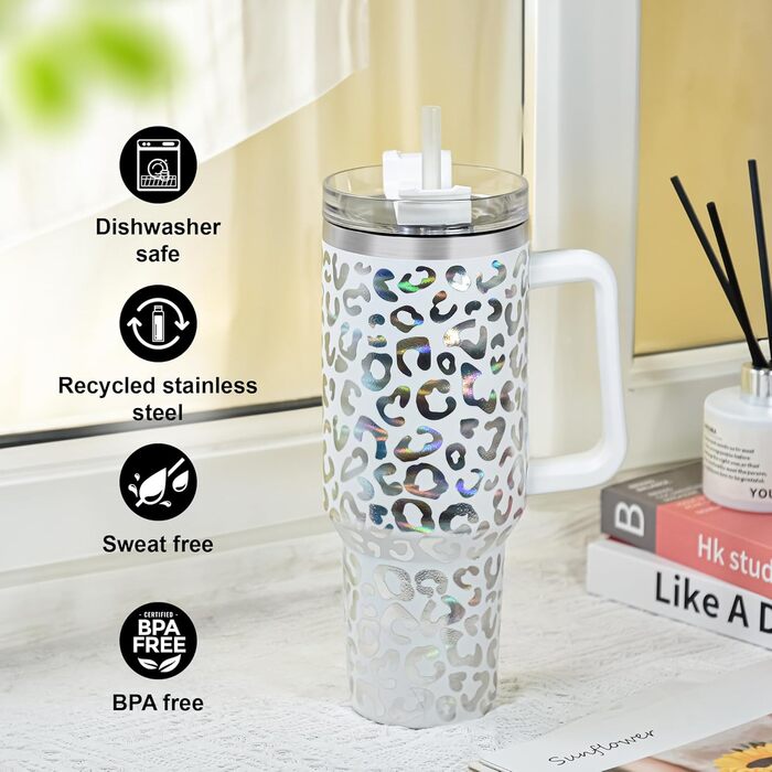 Термокружка FECBK з трубочкою та ручкою, 1.2L, не протікає, з нержавіючої сталі, вакуумна ізоляція, 12 год гаряча / 34 год холодна, дизайн Gepard Cheetah