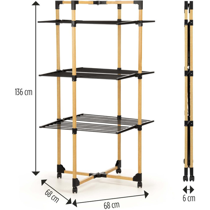 Складна сушильна стійка Vitapur I Багаторівнева сушильна I Підлогова сушарка 69x136x69 см I До 20 кг білизни I Сушильна машина ідеально підходить для невеликих квартир I Стійкі колеса
