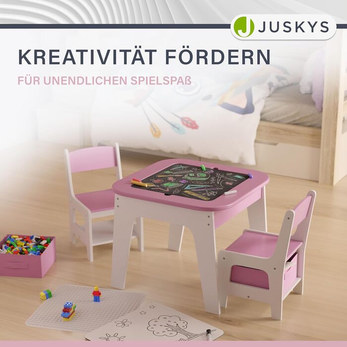 Дитяча стільниця Juskys Milou - комплект з 2 стільців та столу - дерев'яний дитячий столик з місцем для зберігання, стільниця для малювання (рожева)