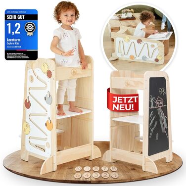 Дитячий навчальний столик-лесенка EXPLORER Kids® 5-в-1 | Монтессорі | Регульована висота, захист від перекидання | Розвиває моторику, вивчення чисел та форм | Дерев'яний, білий та салатовий | Від 1 року