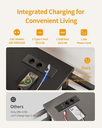 Ігровий стіл CubiCubi зі розетками (2 AC+USB-A+USB-C), 110 x 50 см, з регульованою полицею, 4 гачками та кишенею, для кіберспорту, дому та офісу, карбонове волокно, чорний
