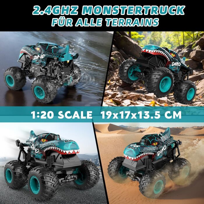 RC Monstertruck 1:20 2.4GHz Динозавр – Радіокерований позашляховик, 20 км/год, LED, Музика, для хлопчиків та дівчаток від 3 років, Зелений