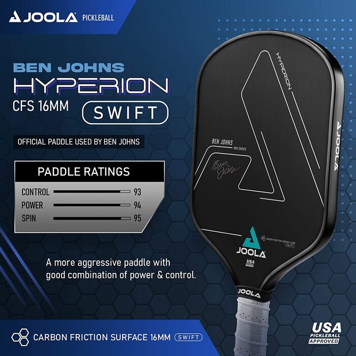 Лопатка для піклболу Joola Бен Джона Hyperion CFS 16 мм Swift-схвалена USAPA для турнірних ігор-Ракетка для піклболу з вуглецевого волокна-максимальна швидкість з високою зернистістю і обертанням