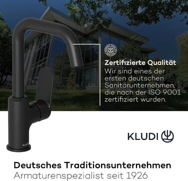 Змішувач для ванної кімнати KLUDI-X1 з висувною корковою пробкою, поворотний на 360°, висота виливу 205 мм, водозберігаючий, розмір L, з підключенням до шлангів (без зливної арматури, матовий чорний)