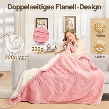 Електрична ковдра з автовимкненням 130x180 см, 8 рівнів нагріву, таймер 12 годин, пральна машина, флісова ковдра для ліжка, дивана, офісу, рожева