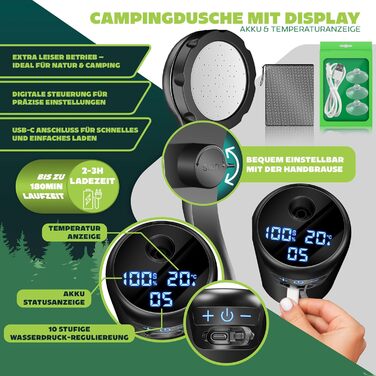 Соняшний душ KESSER® з насосом та акумулятором 8000mAh. Комплект для кемпінгу: регульована лійка, шланг 2м, пістолет-пульверизатор, кріплення. Без бака (Чорний/Чорний)