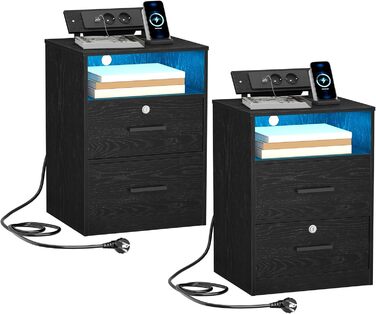 Набір з 2 приліжкових тумб з LED-підсвіткою, USB та Type-C зарядкою, відкритою полицею і двома шухлядами з замком, чорний, для спальні та вітальні
