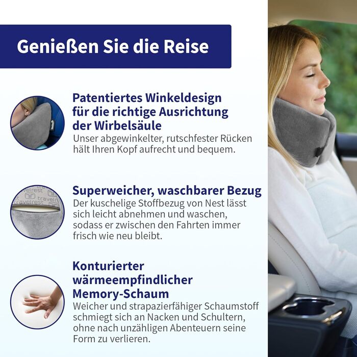Подушка для шиї Travelrest Nest з Memory Foam - підтримка шиї для подорожей, літаків, довгих поїздок. Ідеально для дорослих, комфорт, знімний чохол - сіра