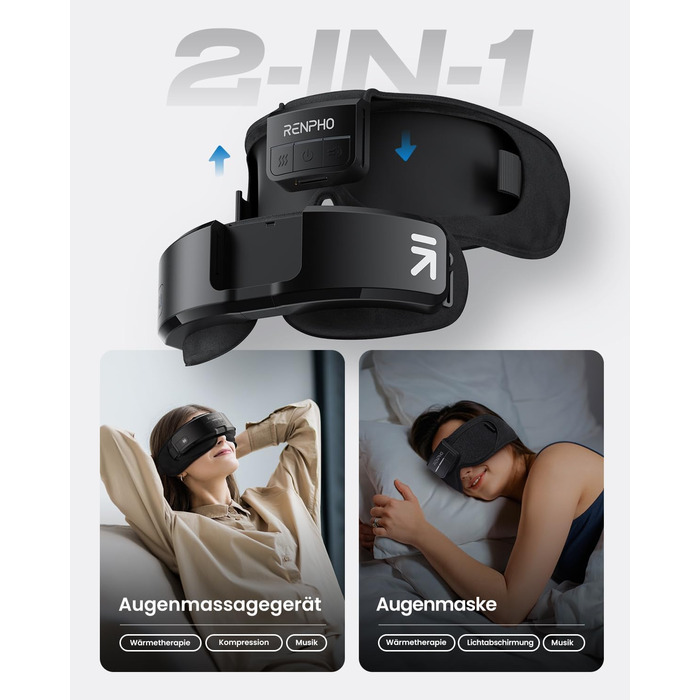 Масажер для очей RENPHO Eyeris 1 з підігрівом, вібрацією та Bluetooth, акумуляторний, для сухих очей, чорний