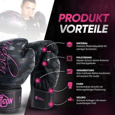 Жіночі боксерські рукавички преміум-класу MADGON - жіночі рукавички для кікбоксингу, бойових мистецтв, ММА, спарингу, Муай Тай, боксу, камуфляж на 14 унцій / рожевий