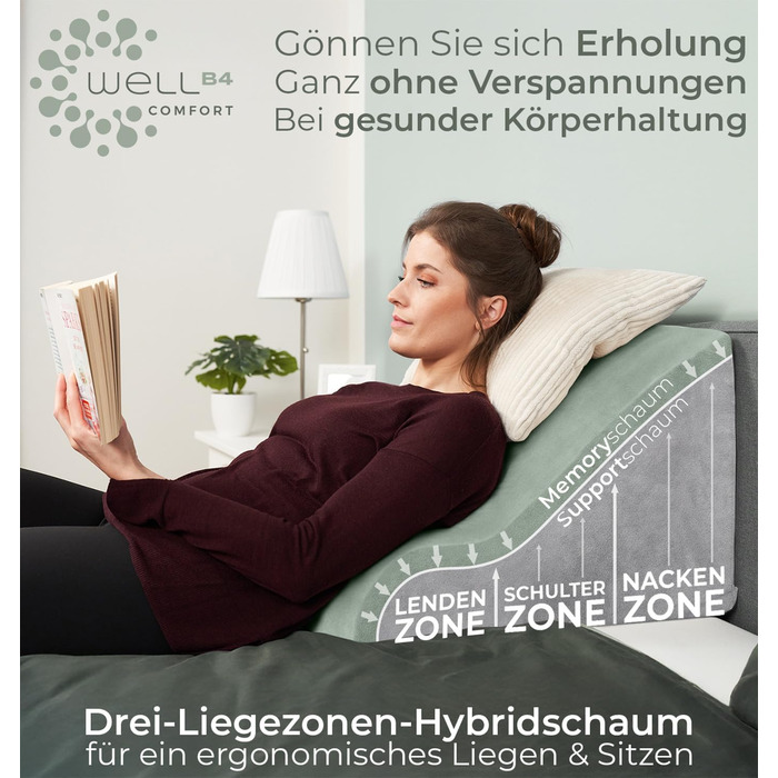 Ергономічна подушка для читання та підтримки спини WELL B4 з ефектом пам'яті (Memory Foam) для ліжка та дивана, сіра, широка