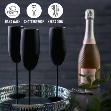 Преміум келихи для шампанського та просекко Oak & Steel з нержавіючої сталі (2 шт, 280 мл) - Зручні, розбиттям, у подарунковій коробці рожевого кольору (матова чорна)