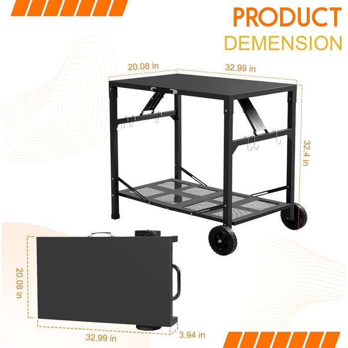 Складаний гриль-візок Khamal: гриль-стіл, піч для піци на коліщатках, мобільний стіл для барбекю та приготування їжі на вулиці та в приміщенні