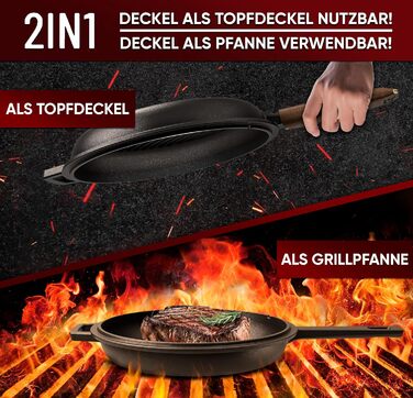 Нідерландський горщик 2в1 з чавуну 4.8л & сковорода з чавуну 1.8л - Набір нідерландського горщика з подвійною функцією - з кулінарною книгою та аксесуарами для барбекю, кемпінгу та кухні - 30 років гарантії (2в1 сковорода)