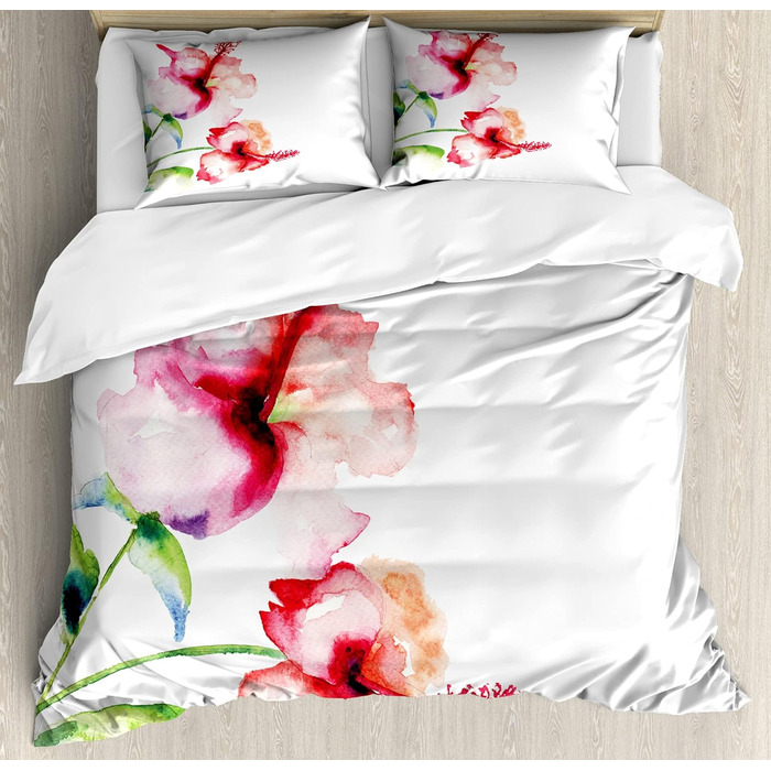 Набір акварельних квіткових підковдр для односпальних ліжок, пастельний натуральний, стійкий до кліщів алергікам, підходить з наволочкою, (230 x 220 см - 70 x 50 см, білий, червоний, зелений)