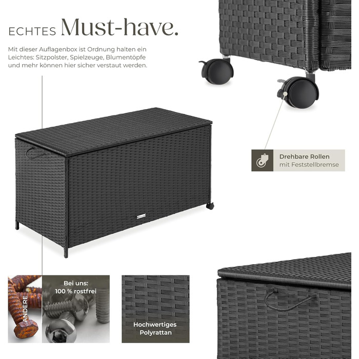 Скриня для саду Tectake з ротангу, чорна, 297л, водонепроникна, на колесах, для тераси та балкону 117x54x64 см