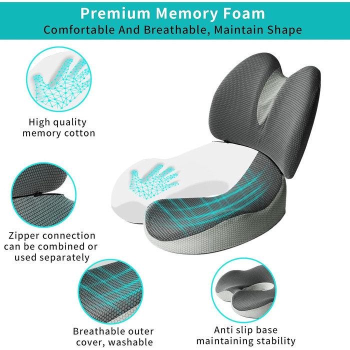 Набір подушок для сидіння та підтримки спини 2 в 1, ергономічні подушки з піною з пам'яті для офісного крісла, автокрісла, інвалідного візка, сірий колір