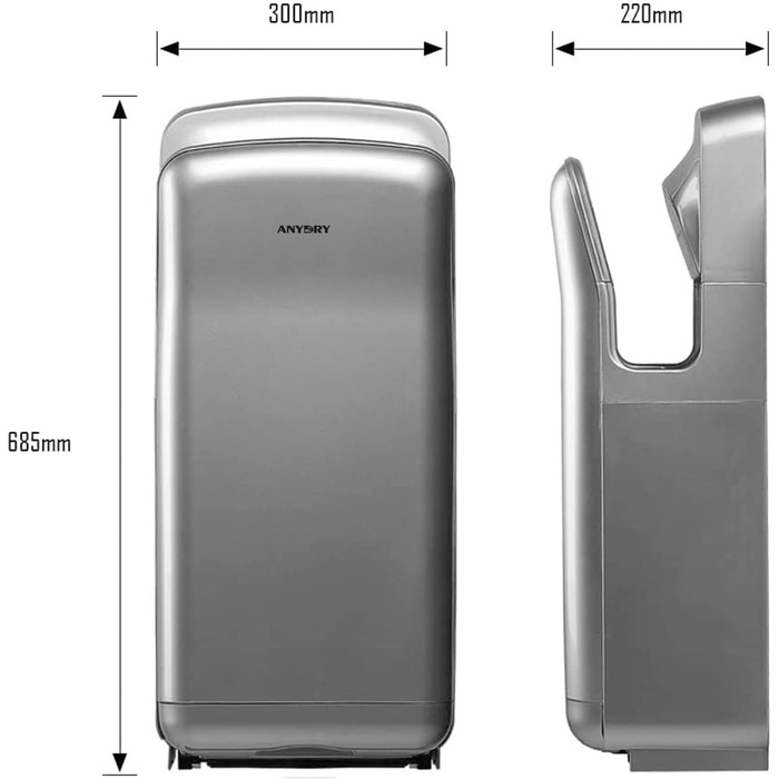 Anydry 2005H: Комерційний електричний сушар для рук з HEPA-фільтром, потужний, 7-10 сек сушіння, 1750-2050W (срібний)