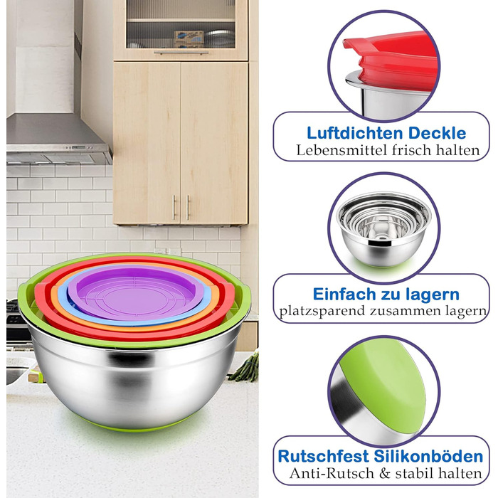 Набір мисок Herogo (6 шт.) з нержавіючої сталі з кришками, 6,7л/3,3л/2,5л/1,5л/1,2л/0,7л. Складаються, для приготування, випічки та зберігання. Можна мити в посудомийній машині (кольорові)