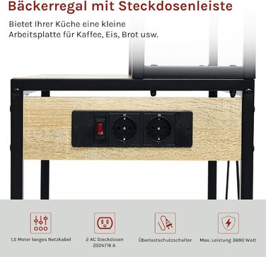 Кухонна полиця WOLTU з 6 ярусами, з розетками, для мікрохвильової печі, з металевим каркасом, регульовані полиці, Чорний+Рустикальне коричневий, 60 x 167 x 40 см (Чорний+світлий дуб, 60 x 39,5 x 167 см)