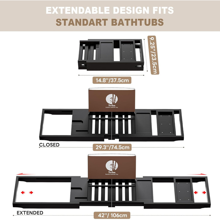 Підставка для ванни Yirilan, висувна, бамбук, для 1-2 осіб, з чорною тканиною