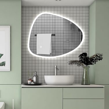 Дзеркало для ванної кімнати Aica LED кругле 50 см, холодний/нейтральний/теплий білий, диммування, функція пам'яті, вимикач/сенсорний вимикач, запобігання запотіванню, автоматичне вимкнення (65 x 80 см)