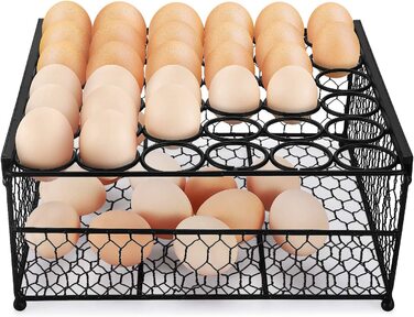 Дозатор яєць, спіральний тримач для яєць, підставка для яєць, тримач для яєць, металевий каркас для яєць, сховище для яєць з поворотом на 360 градусів, кухня, контейнер для яєць на кухонній стільниці, великий і (кошик для яєць, Чорний (2 поверхи))