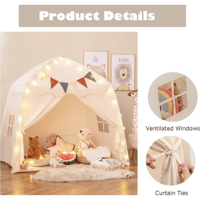 Дитяче намет-ігровий будиночок HOMASIS з 20 зірками, 12 вінцями, килимком, 2 вікнами та шторою. Ідеальний для хлопчиків та дівчаток. Намет-палатка для дитячої кімнати (Бежевий)