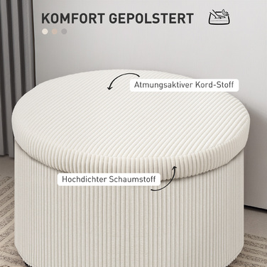 HOMCOM Пуф з табуретом для зберігання з кришкою, Круглий пуф для ніг з вельветом Look для вітальні, спальні 60 x 60 x 41 см Бежевий | Аосом