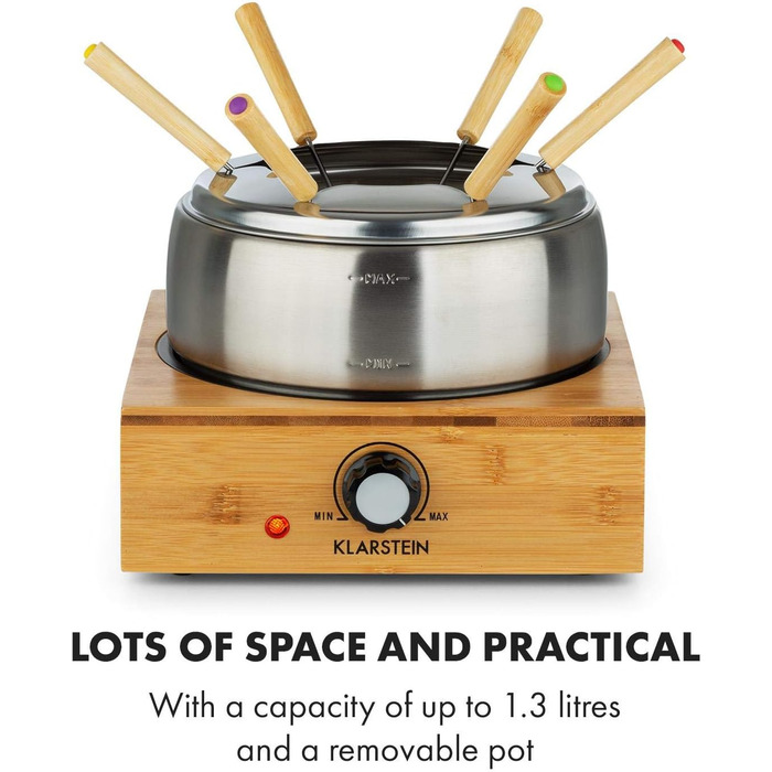 Фондю Klarstein Bambus 1.3л, 800 Вт, нержавіюча сталь, бамбукова база, 6 виделок