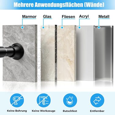 Набір з 2 штук штанги для карниза без свердління, 76-165 см. Підходить для душу, вікна, кухні, шафи. Чорний колір.