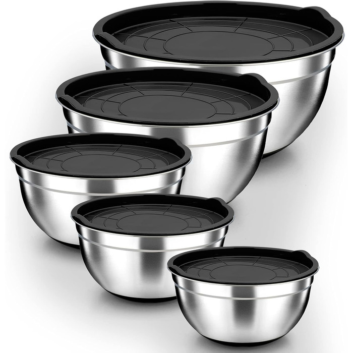 Набір мисок Homikit, 5 шт. з нержавіючої сталі, з кришкою та силіконовим дном, мультифункціональний, для салатів, 6.6L / 3.5L / 2.5L / 1.5L / 1L, чорний