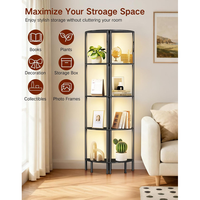 LED торшер з полицею: 3 режими світла, димування (сенсор, пульт), кутова полиця 5 рівнів, вузька книжкова шафа для вітальні, спальні, офісу (чорний)