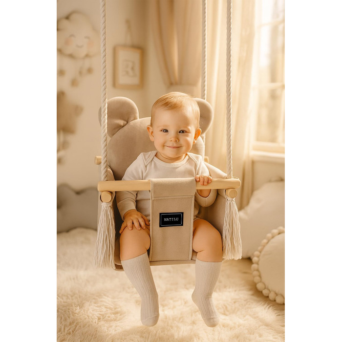 Дитяча гойдалка для дому та вулиці | Bär Light Beige Velvet | Гойдалка для малюків | Дерев'яна гойдалка для дітей | Гойдалка для дверного отвору