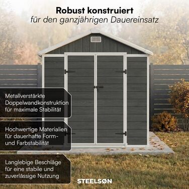 Сарай для інструментів STEELSØN Novara 192x92x151 см, пластиковий, з вікном, під дерево, темно-сірий - садовий будиночок, вологостійкий