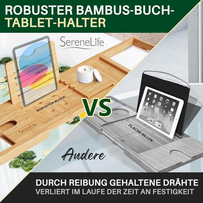 Підставка для ванни SereneLife з дерева - Розширювана підставка для ванни 70-105 см з тримачем для напоїв та книжковою підставкою, вологостійка, аксесуар для ванни, Wellness