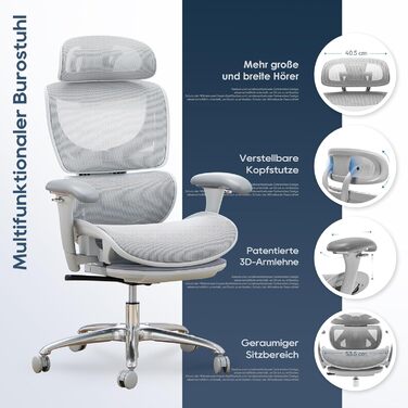 Органічний офісний крісло Colamy з підніжкою, 3D-підлокітниками, підголовником, підтримкою попереку та дихаючою сіткою – крісло для офісу та дому (Сірий)