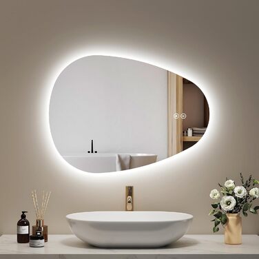 Дзеркало для ванної кімнати EMKE з підсвічуванням 80x60 см, з полицею, антизапар, регульоване холодне біле світло 6500K, сенсорне управління, функція пам'яті, асиметричне дзеркало для ванної кімнати (70L x 50B см)