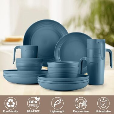 Набір посуду Odoland на 4 особи, 17 предметів: тарілки, миски, чашки (блакитний)