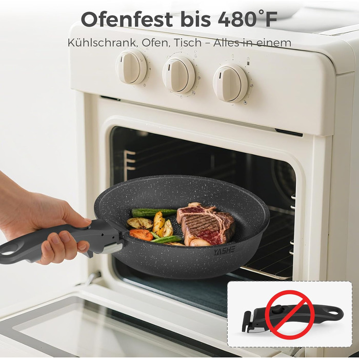 Набір каструль та сковорідок YASHE 9 шт. з антипригарним покриттям, білий (сірий), для всіх плит, знімний ручка, сумісний з духовкою, компактний, економія місця