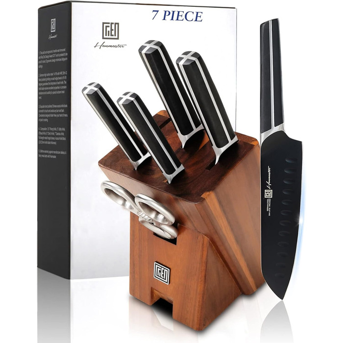 Набір ножів 14 предметів з бруском, кухонний набір ножів з дерев'яним бруском, ножі з німецької сталі X50CrMoV15 (кухонний ніж, сантоку, ніж для стейка, ніж для чищення, ножиці)