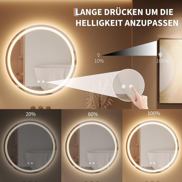 Дзеркало для ванної кімнати Porto Alegre з підсвічуванням, 60x80 см, антизапар, 3 кольори світла, регулювання яскравості, LED, сенсорне керування