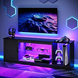 Тумба під телевізор Bestier 145x35x52 см для телевізорів до 65 дюймів з RGB LED-підсвічуванням (22 кольори) та регульованими скляними полицями - низький комод для вітальні, спальні (чорний карбон)